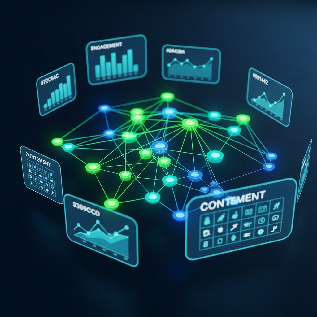 AI_IMAGE: Abstract visualization of an interconnected social media network graph with glowing nodes in green (#72C64C), teal (#0AA39A), and blue (#369CCD) connected by luminous lines against a deep navy blue (#091442) background. Geometric shapes representing engagement metrics, follower growth charts, and content calendars float around the central network. Modern, premium, dashboard-inspired digital art style. | digital-art | square